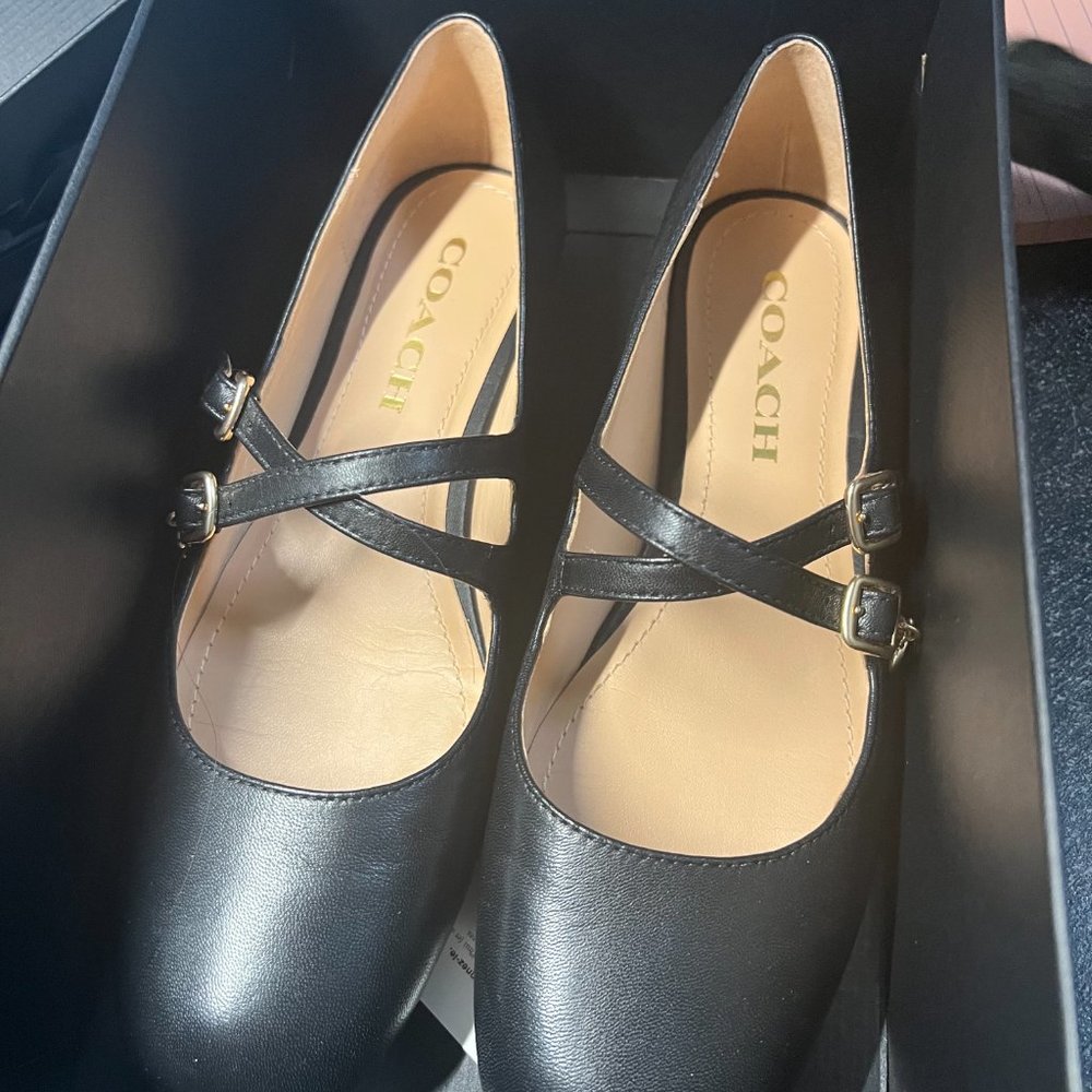 Coach Black Double-Strap Leather Mary Jane Flats - Picture 2 of 4
